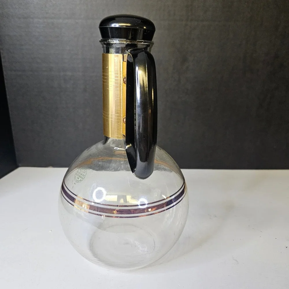 Vintage Silex Pyrex Glass Coffee Carafe Gold Tone Band Black Mid Century Modern